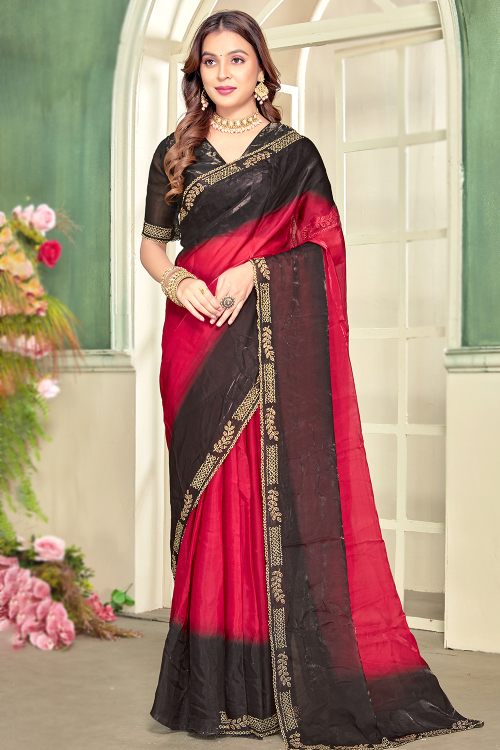 Ruby Red Shimmer Organza Printed Saree