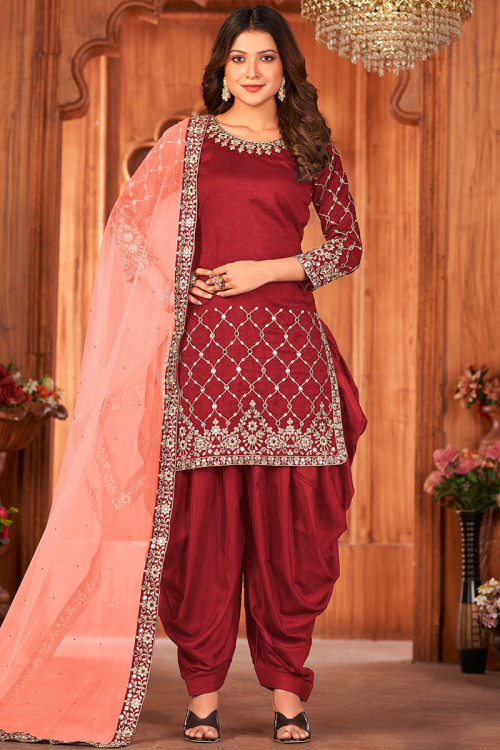 Ruby Red Silk Embroidered Patiala Suit