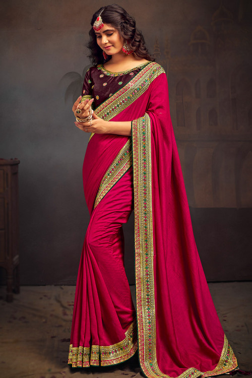 Ruby Red Silk Lace Embroidered Wedding Wear Saree