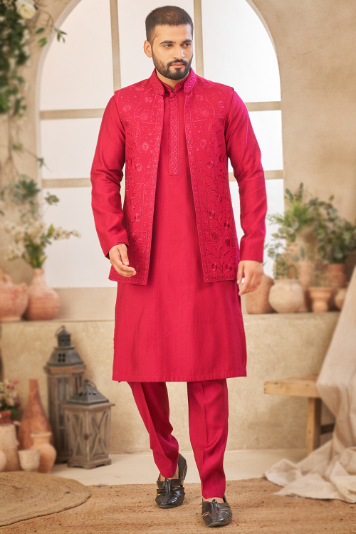 Ruby Red Silk Men's Kurta Pajama With Embroidered Jacket 