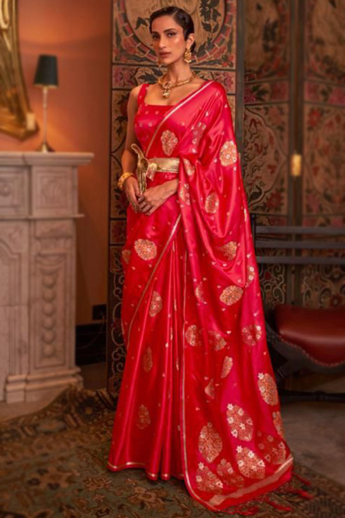 Silk Saree with Weaved Thread Embroidery in Ruby Red for Party 