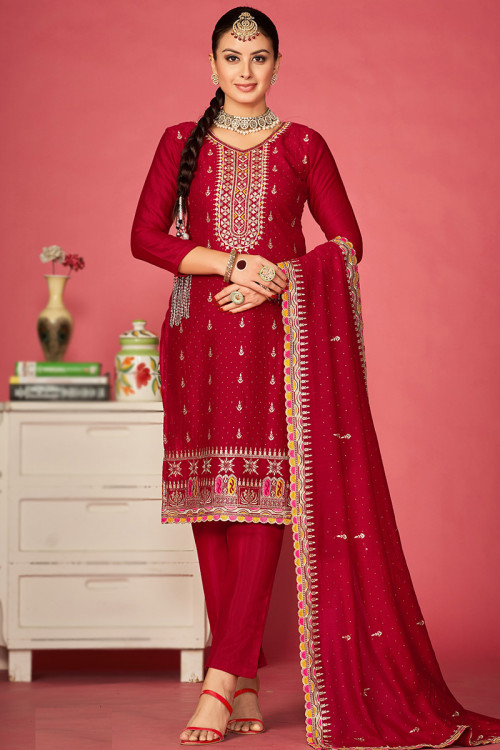 Ruby Red Soft Silk Embroidrerd Straight Cut Trouser Suit
