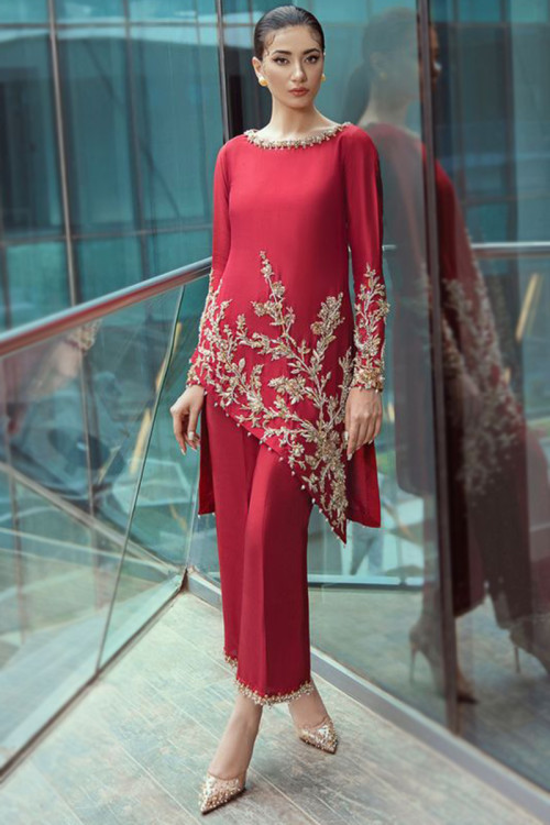 Ruby Red Soft Silk Indo-Western Straight Pant Suit