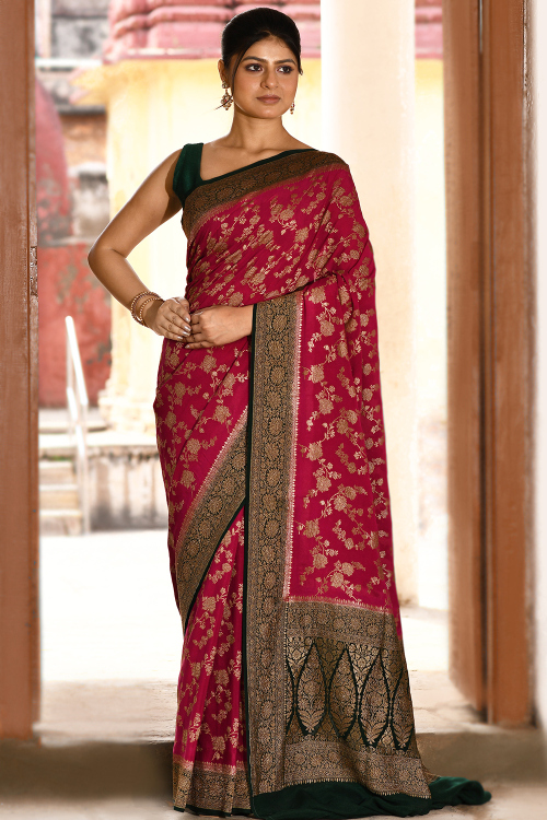 Ruby Red Soft Silk Woven Zari Broad Border Saree