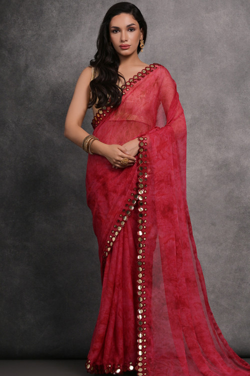 Black and Red Saree - Georgette Saree With Blouse Piece - Black Saree With  Red Border – Lady India