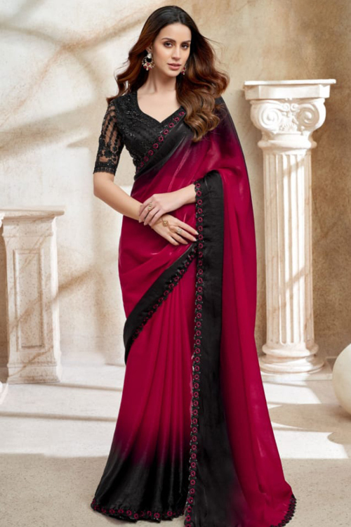 Ruby Red Tissue Silk Saree With Sequins Work For Diwali
