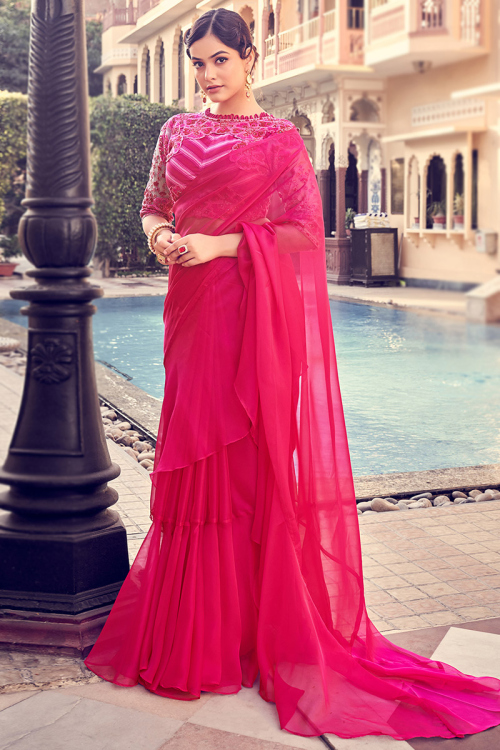 Ruffled Organza Ruby Pink Saree
