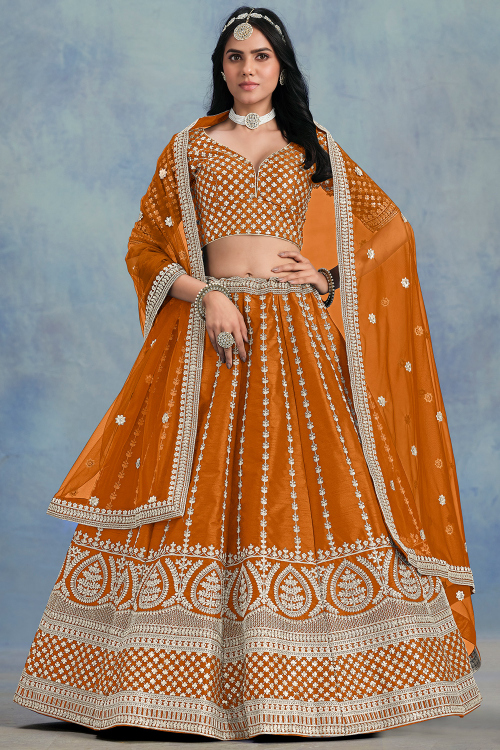 Rust Orange Art Silk Panelled Style Lehenga