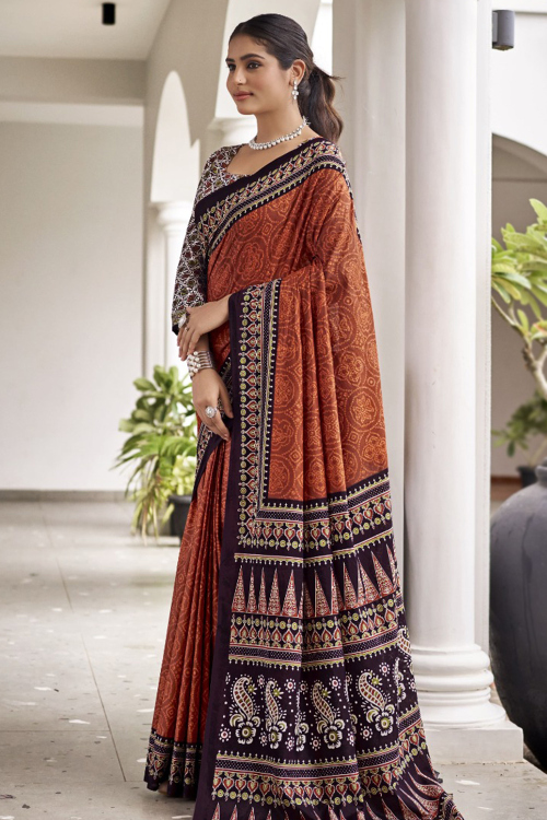 Rust Orange Cotton Printed Light Weight Saree