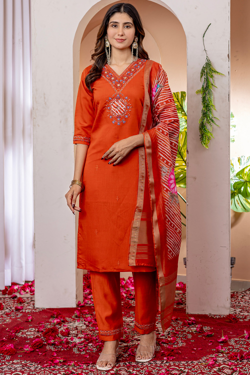 Rust Orange Cotton Silk Resham Thread Trouser Suit 