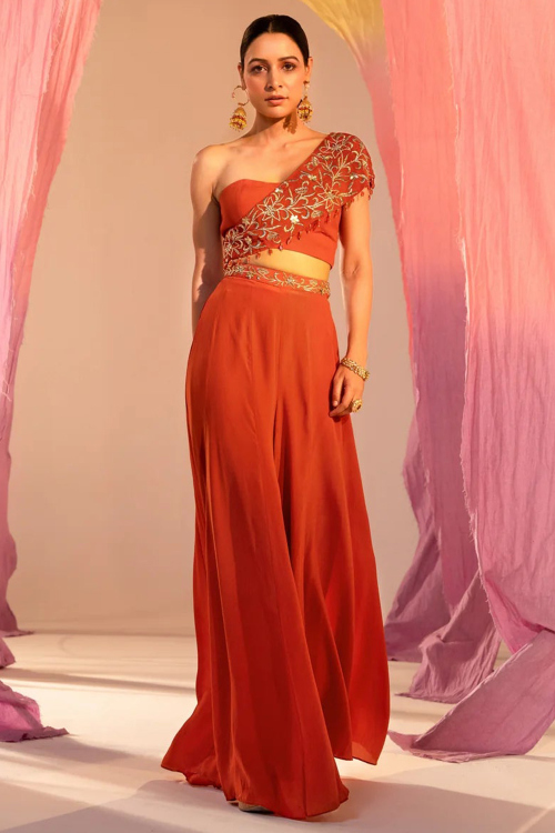 Rust Orange Crepe Indo-Western Trouser Suit with Sequins Work for Cocktail