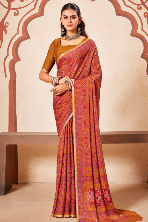 Rust Orange Crepe Printed Saree For Casual Wear