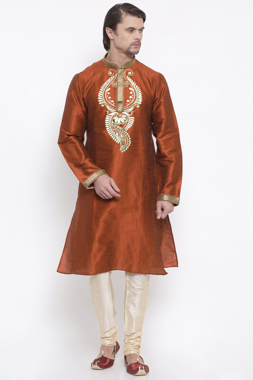 Rust Orange Dupion Silk Embroidered Straight Cut Men's Kurta With Churidar