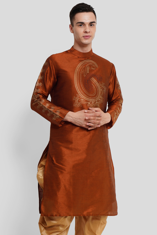 Rust Orange Dupion Silk Foil Printed Straight Cut Kurta