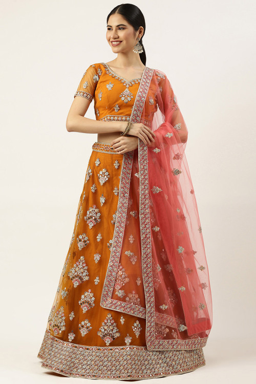Buy HALFSAREE STUDIO Orange Banarasi silk Zari work Lehenga with Dupatta  Online at Best Prices in India - JioMart.