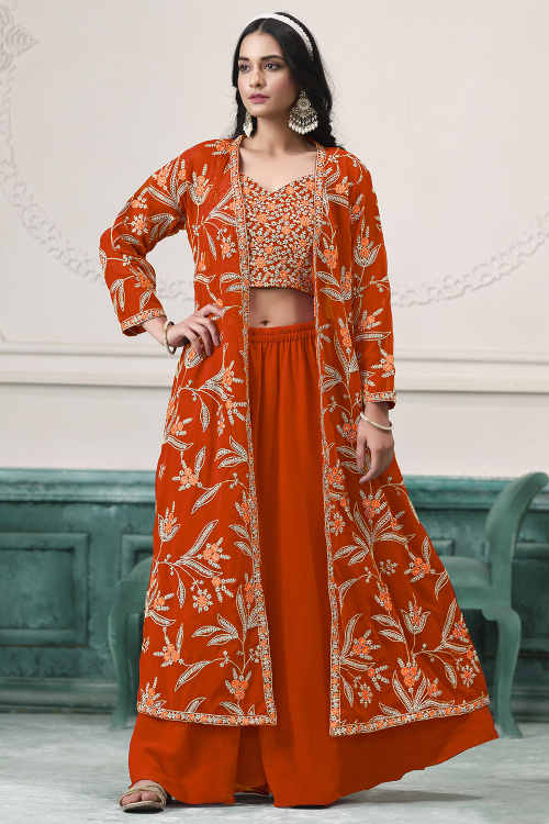 Rust Orange Georgette Embroidered Jacket Style Palazzo Suit