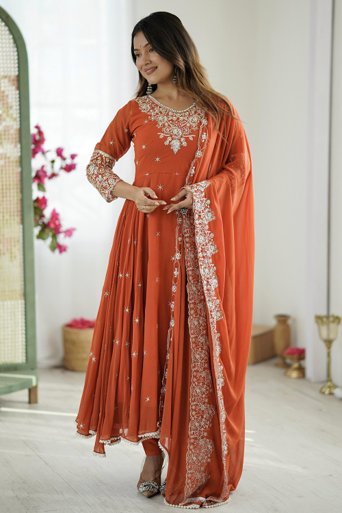 Rust Orange Georgette Zari A Line Trouser Suit 