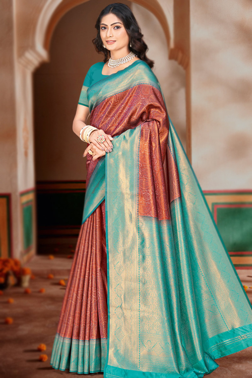 Rust Orange Paisley Print Silk Broad Border Saree For Sangeet