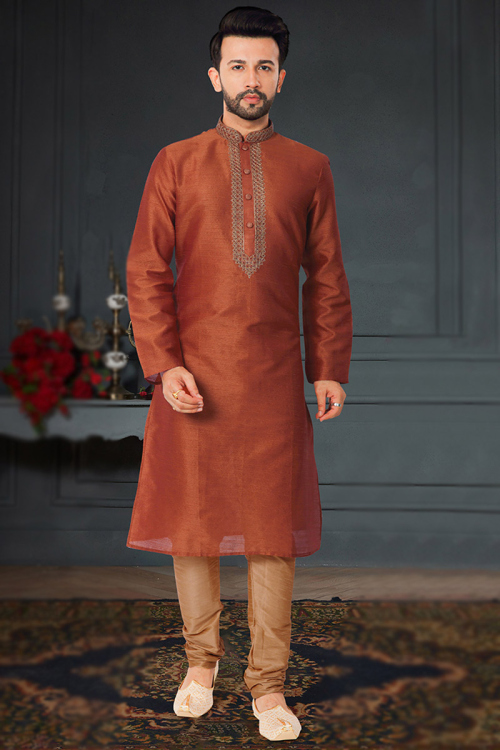 Rust Orange Poly Silk Churidar Men Kurta 