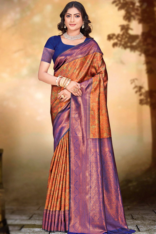 Rust Orange Printed Silk Traditional Broad Border Saree 