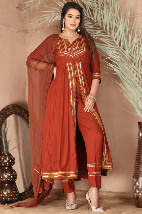 Rust Orange Rayon Gota Patti Front Slit Trouser Suit 