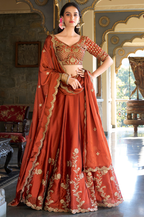 Rust Orange Silk Blend Lehenga with Zari Work for Wedding