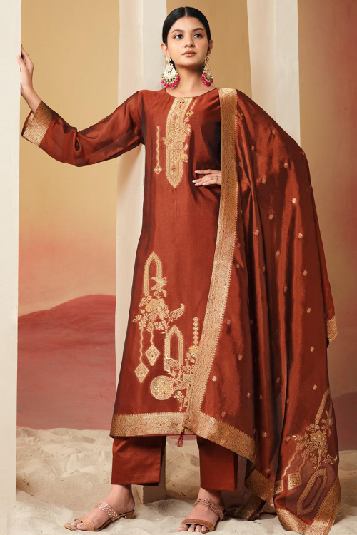 Rust Orange Silk Blend Trouser Suit With Zari Work For Diwali