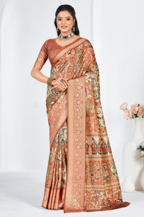 Rust Orange Soft Silk Saree for Festival Wear with Printed
