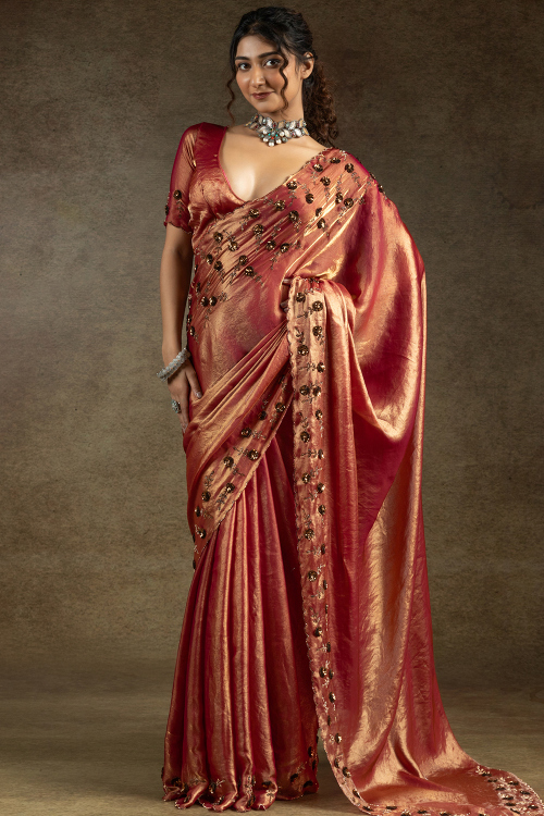 Rust Orange Tissue Silk Sequins Work Saree