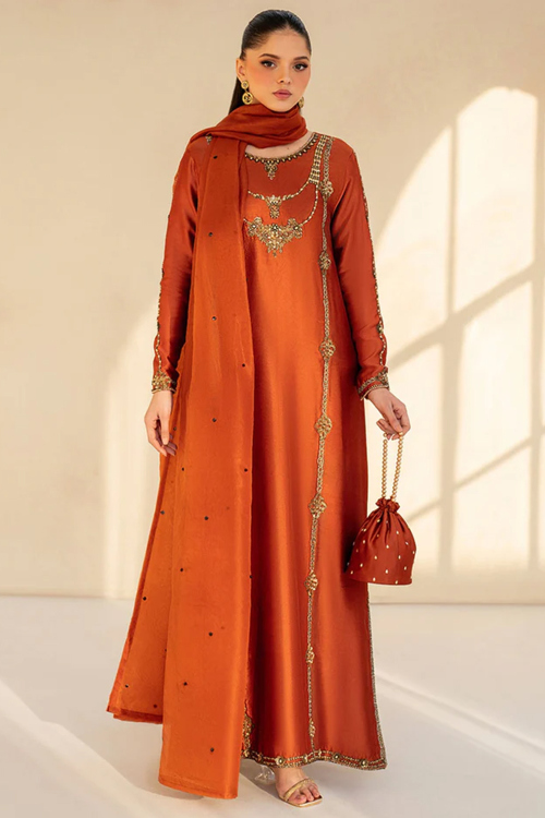 Rust Orange Tissue Silk Trouser Suit with Pearl Work for Diwali