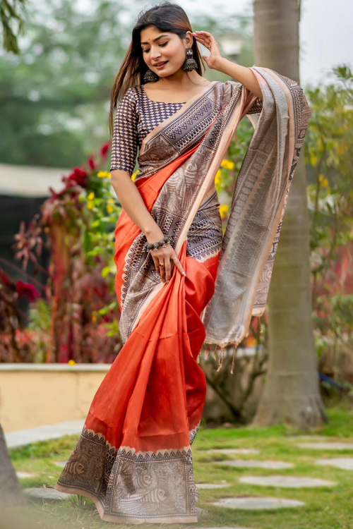 Rust Orange Tussar Silk Madhubani Printed Saree