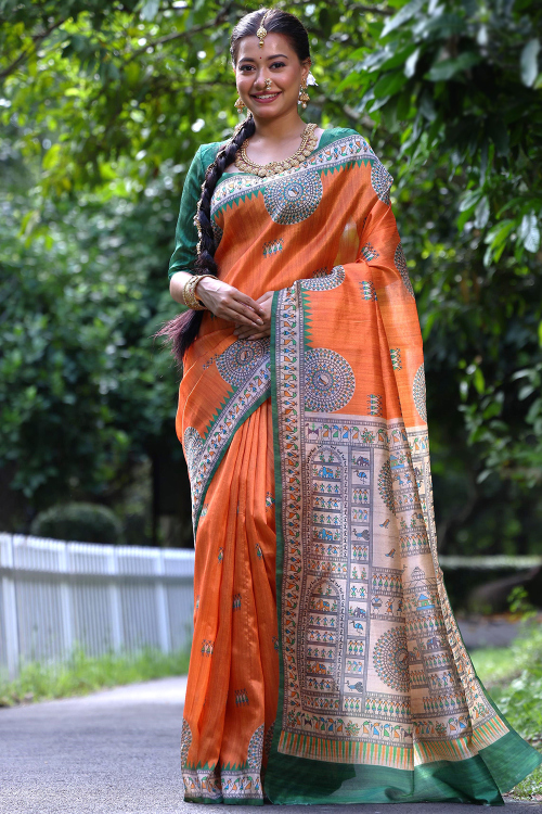 Rust Orange Tussar Silk Warli Print Light Weight Saree