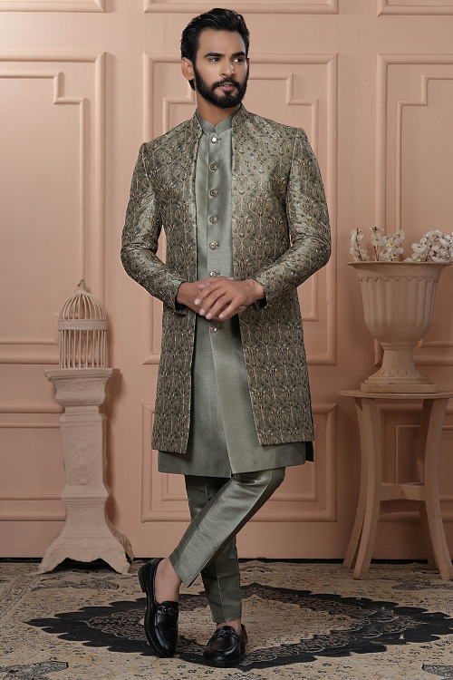 Sage Green Art Silk Men's Sherwani With Embroidered Jacket 