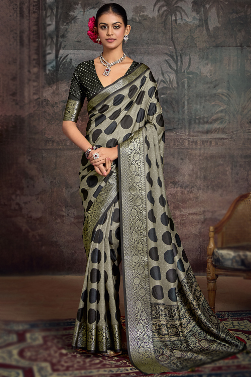 Sage Green Art Silk Saree With Polka Dots For Festival