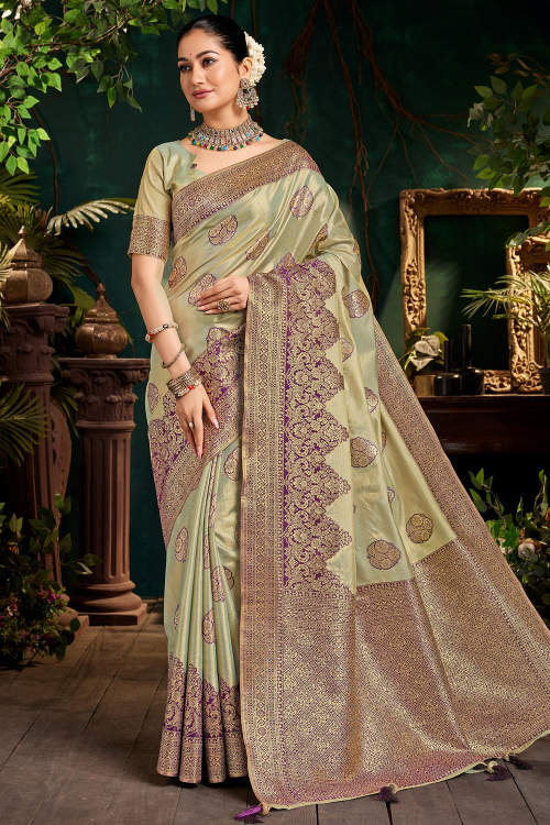 Sage Green Art Silk Saree with Weaved Work For Festival