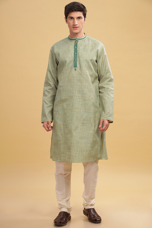 Sage Green Casual Wear Cotton Printed Men's Kurta Pajama