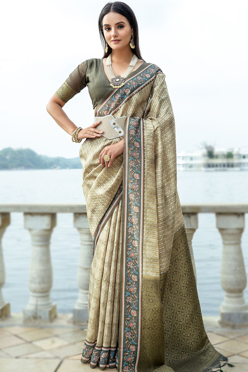 Sage Green Casual Wear Weaved Zari Soft Silk Saree 