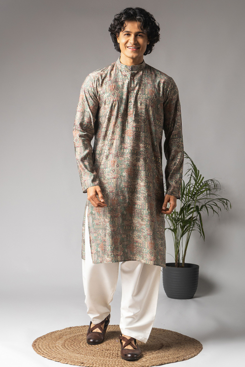 Sage Green Cotton Men's Kurta Pajama With Printed Work