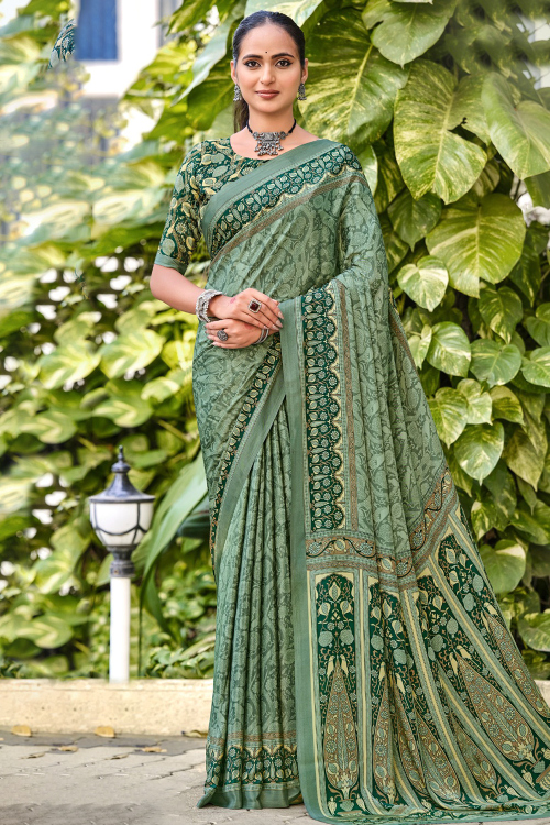 Sage Green Crepe Printed Saree For Casual Wear