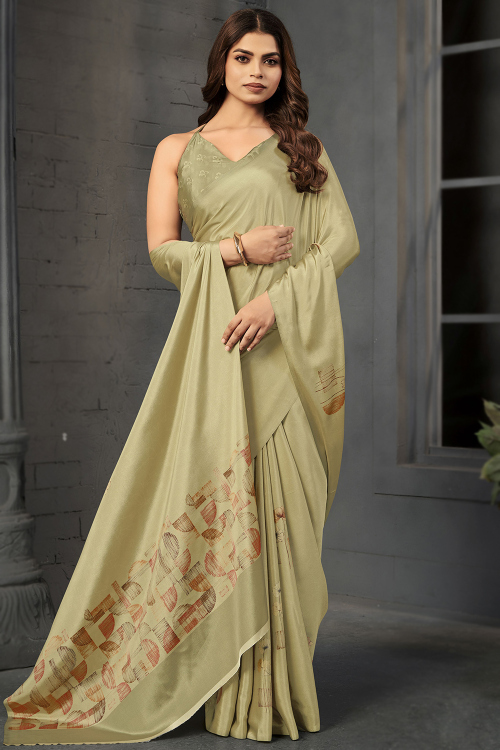 Sage Green Crepe Saree With Printed Work For Festival