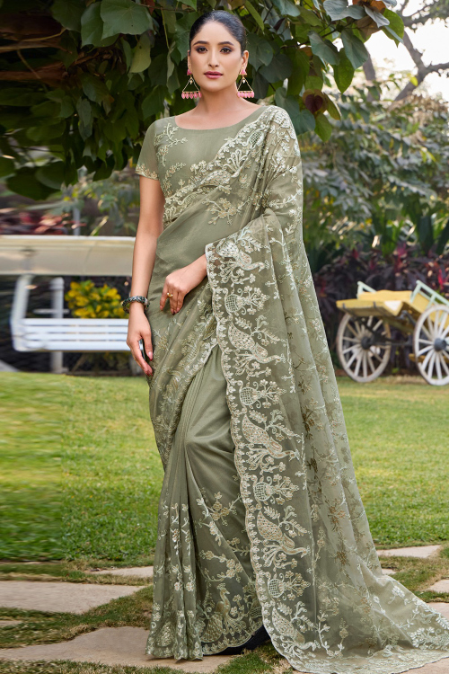 Sage Green Embroidered Shimmer Organza Saree 