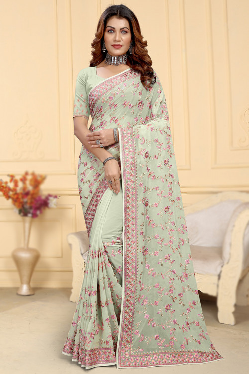 Sage Green Georgette Embroidered Casual Wear Saree 