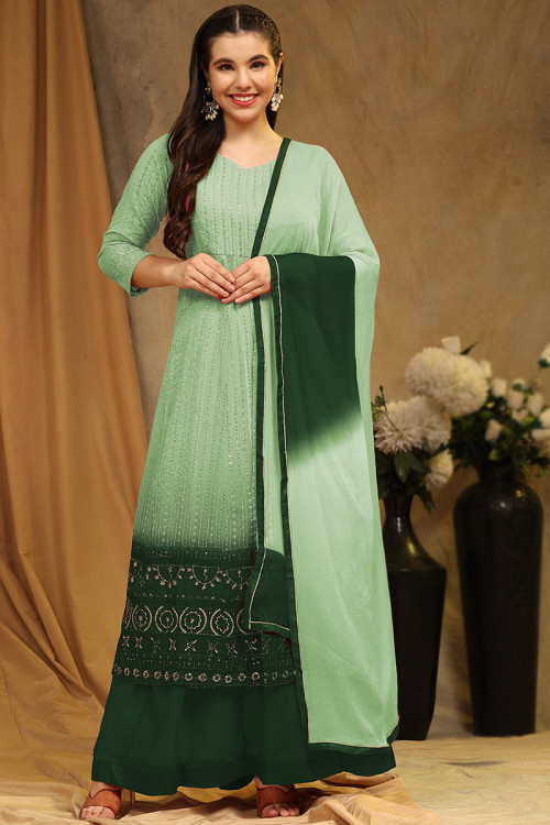 Sage Green Georgette Embroidered Front Slit Suit With Skirt 