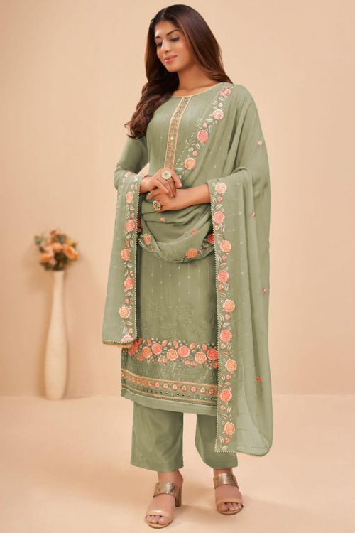 Sage Green Georgette Embroidered Straight Cut Suit