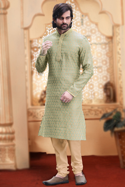 Sage Green Jacquard Weaved Thread Straight Cut Men's Kurta Churidar
