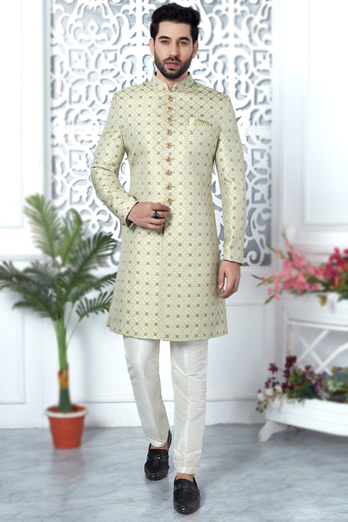 Sage Green Jacquard Woven Zari Men's Sherwani