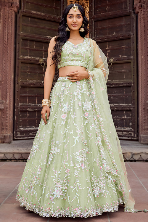 Sage Green Net A Line Lehenga With Sequins Work For Festival