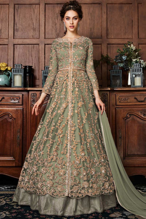 Sage Green Net Embroidered Eid Anarkali Suit