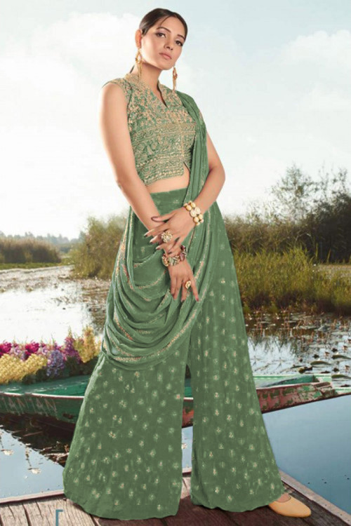 Sage Green Net Embroidered Palazzo Suit for Eid