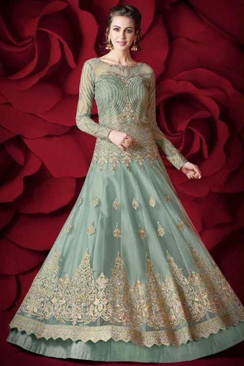 Buy Net Fancy Designer Gown in Green Online : USA 